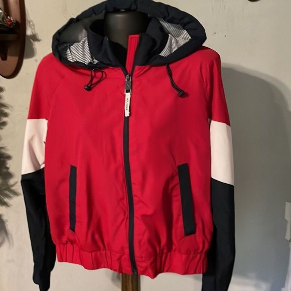 Medium Hollister red blue white long sleeve removable hood lined jacket coat - Picture 5 of 13